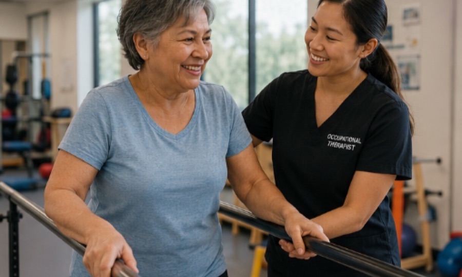 An occupational therapist supporting an adult through mobility practice