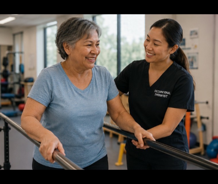 An occupational therapist supporting an adult through mobility practice