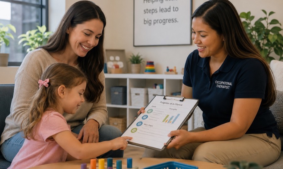 An occupational therapist going through a plan with a parent and their child