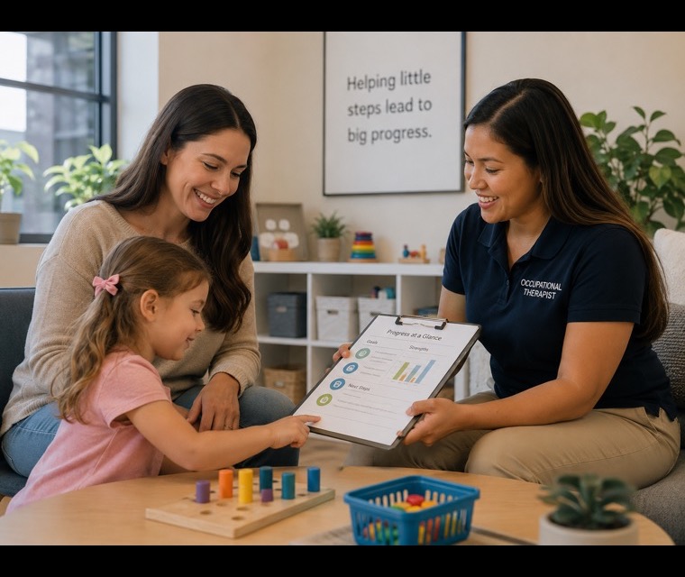 An occupational therapist going through a plan with a parent and their child