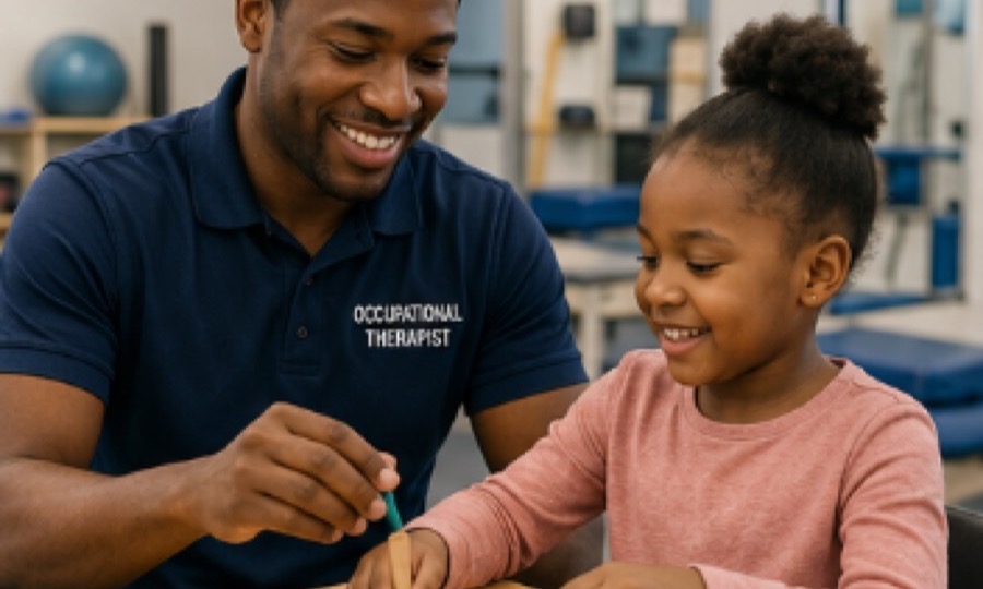 An occupational therapist and a child stacking coloured rings together