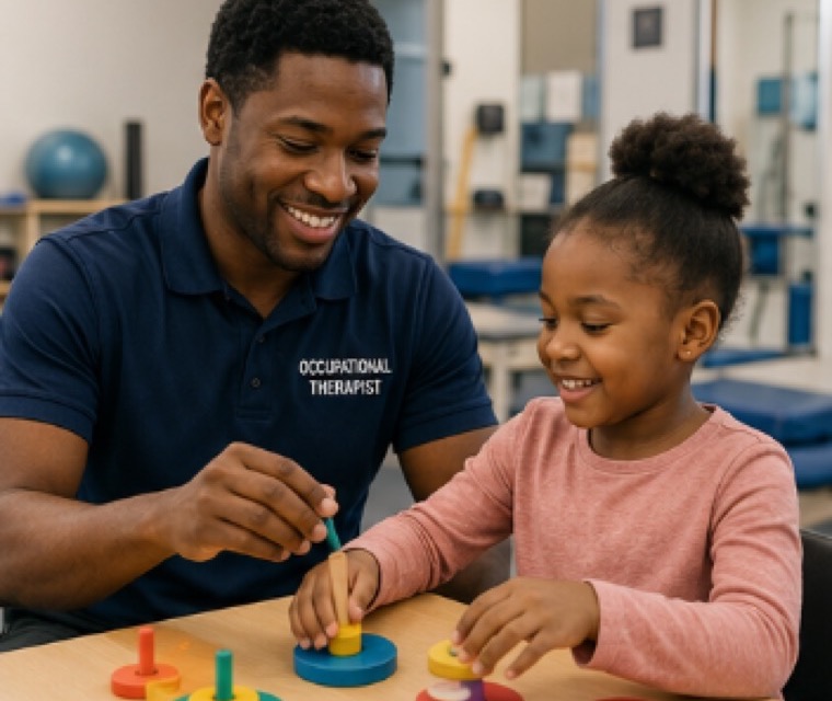 An occupational therapist and a child stacking coloured rings together
