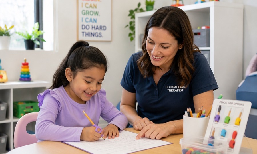 An occupational therapist guiding a child through a drawing task at a desk
