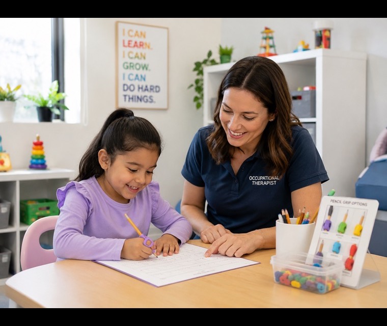 An occupational therapist guiding a child through a drawing task at a desk