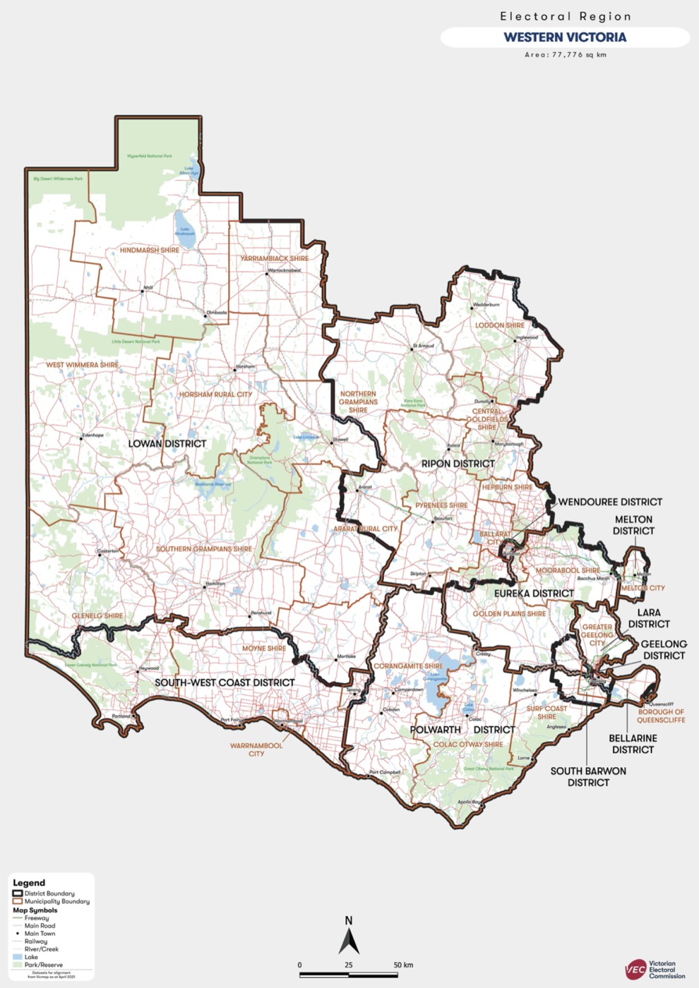 Map of western Victoria showing the shires and towns our therapists travel across, from the Wimmera in the north-west down through the Grampians and Central Highlands to Melbourne's western edge.